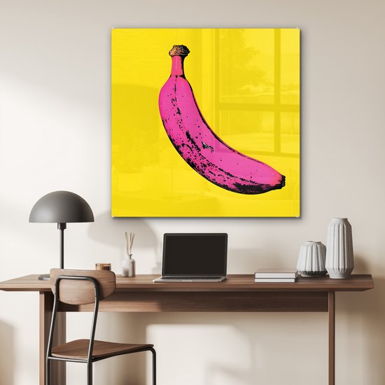 MuchoWow® Tableau sur verre 90x90 cm - Tableau acrylique sur verre - Banane - Graphique - Jaune - Photo sur verre - Décoration murale salon - Décoration murale chambre - Peintures