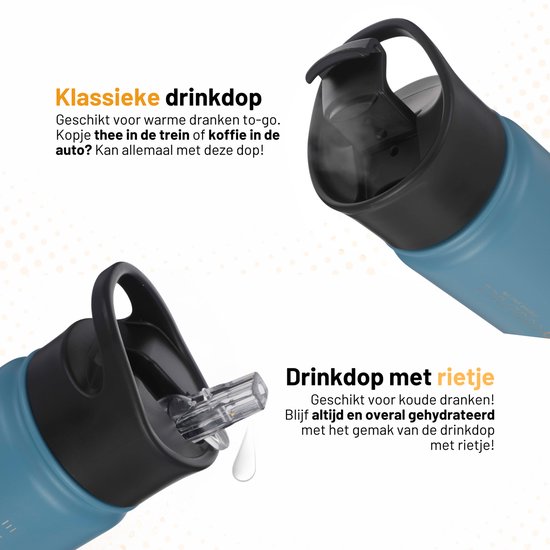 Close-up van blauwe drinkfles met deksel met rietje en klassiek deksel.