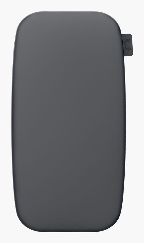 Donkergrijze powerbank met een gestroomlijnd, ovaal ontwerp.