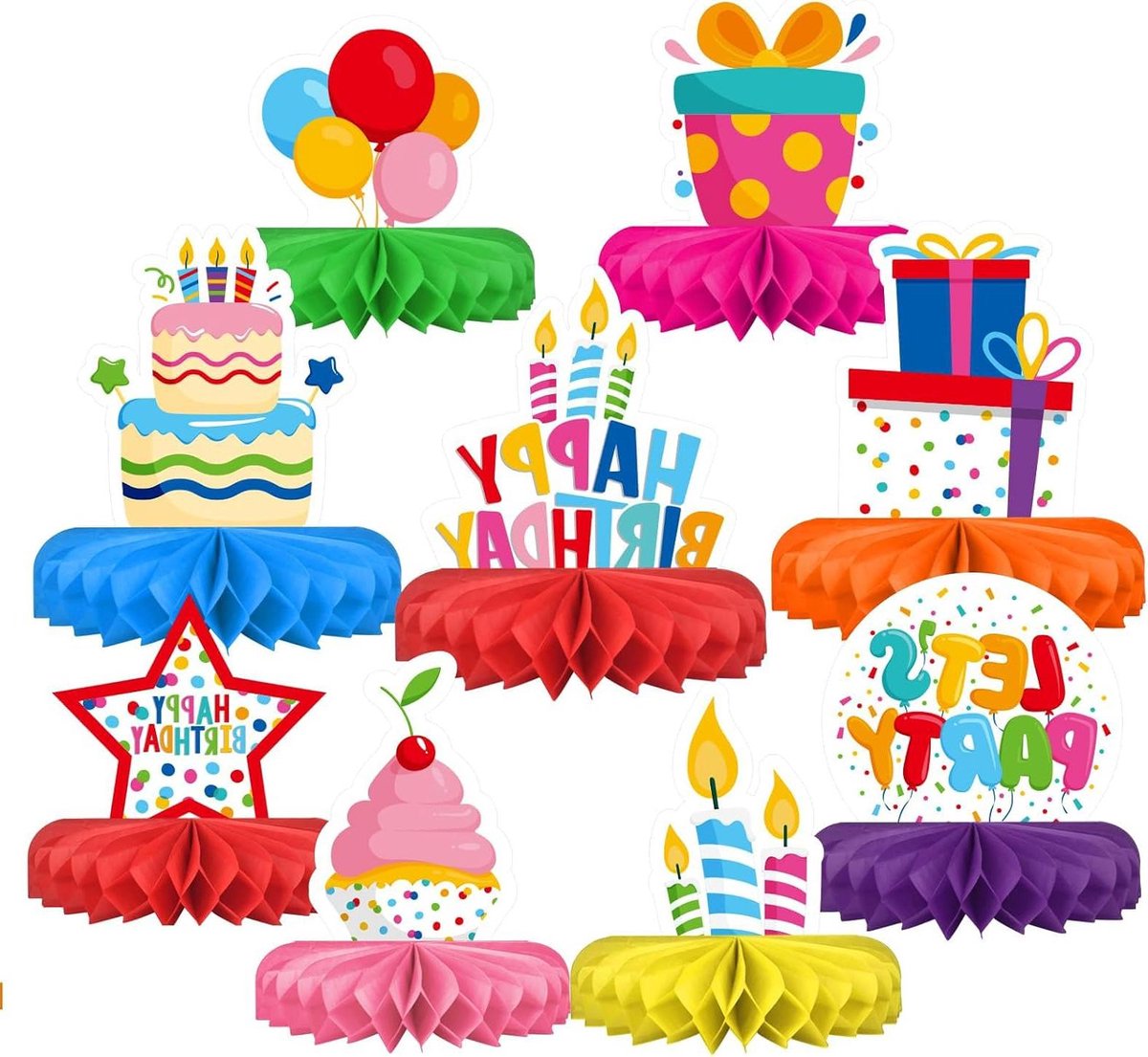 9-delige kleurrijke verjaardagsdecoratieset met honingraat-tafeldecoratie voor kinderverjaardagsfeest