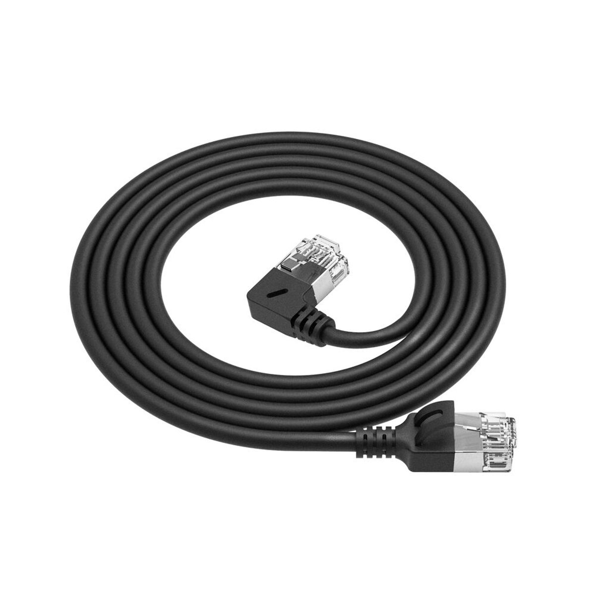 Image of ACT Zwarte 3 m U/FTP CAT6A LSZH Slimline patchkabel met RJ45 connectoren recht naar 90° haaks links DA1903