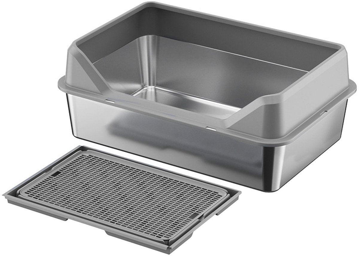 CHIWIN Roestvrijstalen Kattenbak met Kattenmat & Schep – Gesloten Design – Anti-spat Hoge Randen – Makkelijk Schoon te Maken – Voor Katten tot 4kg – 50x35x20cm