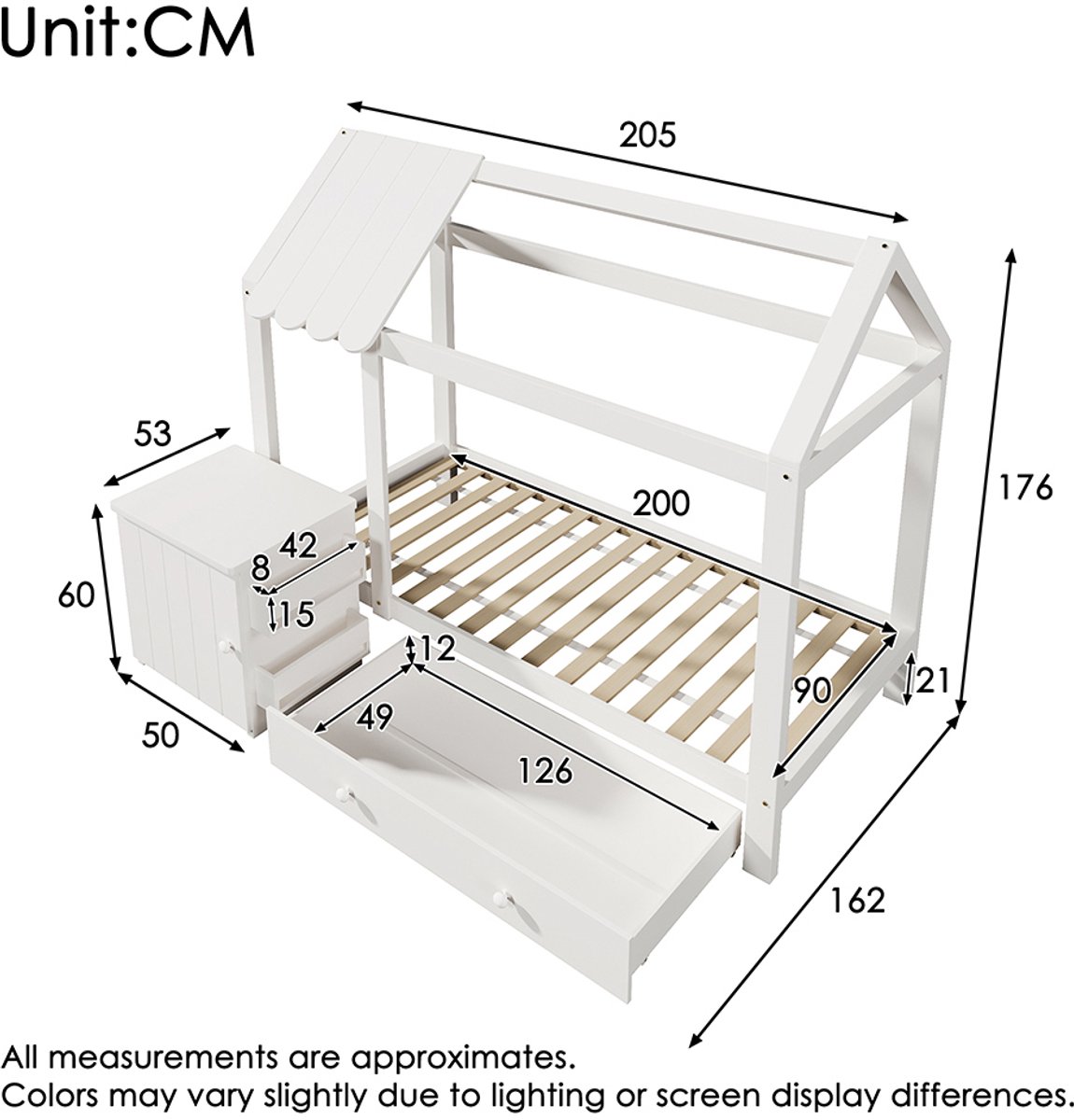 Lit Cabane Enfant PUGSDRLY Avec Rangements - 6 Tiroirs, étagères, Bureau Intégré - Blanc - 90x200 Cm