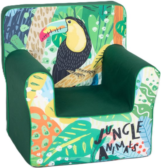 Groene kinderzetel met jungleprint, met een toekan en de tekst "JUNGLE ANIMALS".