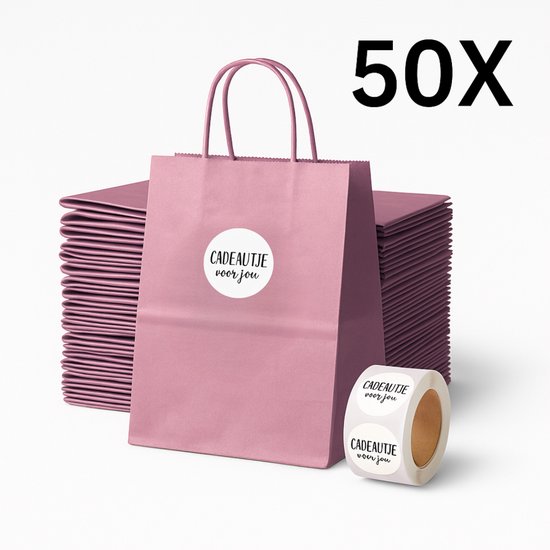Papieren Draagtas (S) - Oud Roze - (Inclusief Stickers “Cadeautje voor jou”) - 50 Stuks - 18x8x22 cm - Papieren Tasjes - Kraft Tas - Tassen - Cadeau Tas - Hoogwaardig Natron Kraft Papier - Eco-vriendelijk