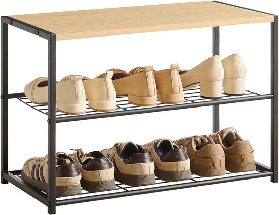 ACAZA Schoenenrek - Schoenenkast - 2 Lagen - voor 6 Paar Schoenen - 43 x 63 x 30 cm - Metaal met Hout - Lichte Eik Kleur