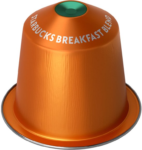 Capsule de café orange avec un bouchon vert et le texte "STARBUCKS BREAKFAST BLEND".