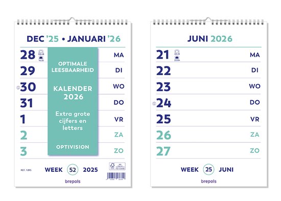 Recharge Agenda Large Optivision 2026 – 1 Semaine Sur 2 Pages – 17 X 22 Cm – Janvier à Décembre 2026