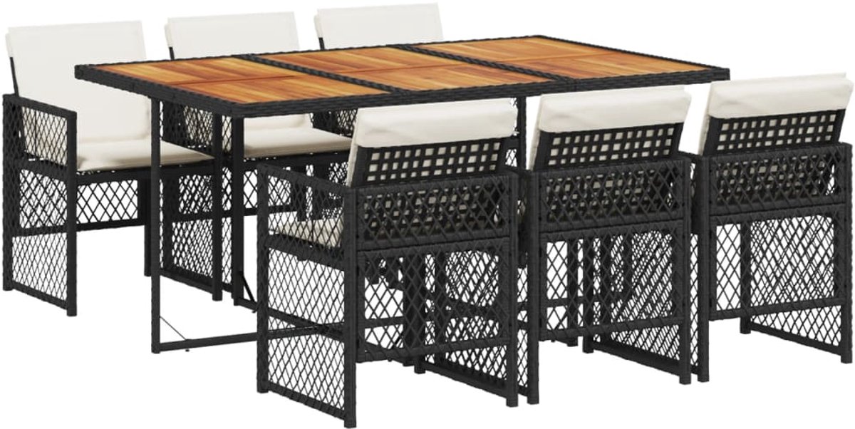 The Living Store 7-delige Tuinset met kussens poly rattan zwart - Tuinmeubel - Buitendecoratie - Lounge Set - Eetkamerset - Poly Rattan