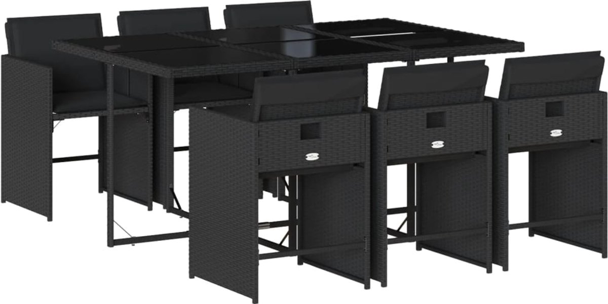 The Living Store 7-delige Tuinset met kussens poly rattan zwart - Tuinset - Buitendecoratie - Lounge Set - Eetkamerset - Ratan Meubel