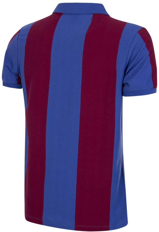 Achterkant van een heren shirt met verticale blauwe en bordeauxrode banen
