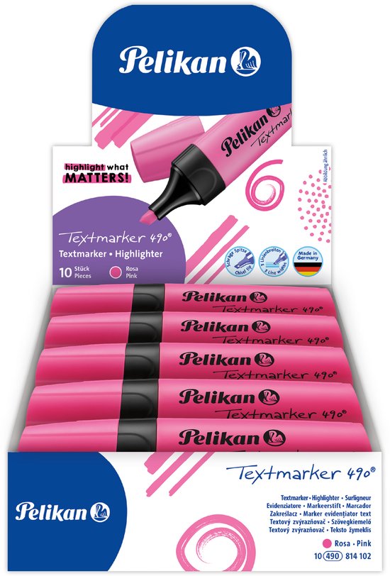 Boîte de 10 surligneurs Pelikan Textmarker 490 rose vif. "highlight what MATTERS!"
