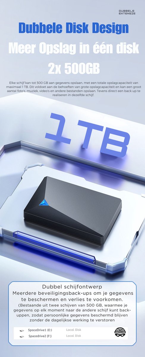 Dutch Wanted Double- HDD Externe Harde Schijf - Snelle writing speed - 1TB (2x 500GB) dubbele schijf van 2x 500GB voor directe back up - Plug and play - Opslag extern pc of laptop - USB 3.2 - Zwart — afbeelding 2