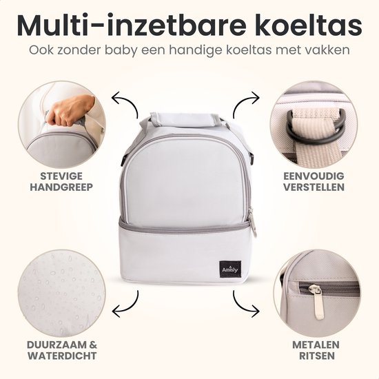 Amisly- Luxe Koeltas Grijs- Kolftas Met 2 Koelelementen- Baby Voeding Vervoeren- Moedermelk tot 12 uur Koel- Lunchtas- Voor Onderweg van Amisly — afbeelding 3