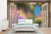 Behang - Fotobehang Doorkijk - Bloemen - Raam - Natuur - Breedte 400 cm x hoogte 300 cm