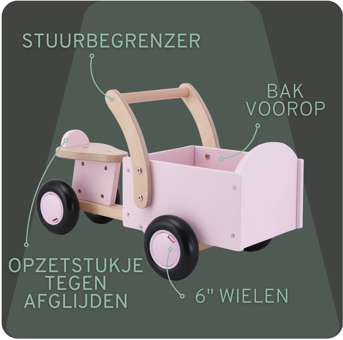 Bandits & Angels Bakfiets Loopfiets Hout Little Rider Retro Pink vanaf 1 jaar - Voor Meisjes - Ride-On Houten Bakfiets - Houten Loop Fiets Roze - Geluidsarme Wielen - Kraamcadeau — afbeelding 6
