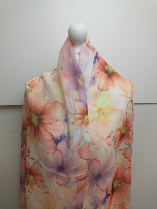 Lange dames sjaal Kathy-gebloemd motief-oranje wit geel zwart paars groen rood lila roze