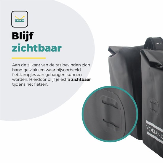 Voltano Dubbele Rolltop Fietstas Volledig Voorgevormd - 50 Liter - Zwart - 100% Waterdicht - Fietstassen Electrische Fietsen