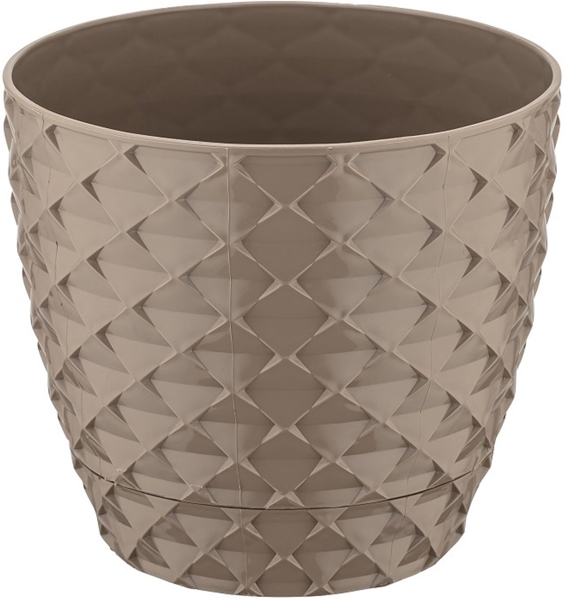 3+2 - Bloempotten - rond taupe met afwatering en wateropvang - 5 ronde mokka sierpotten