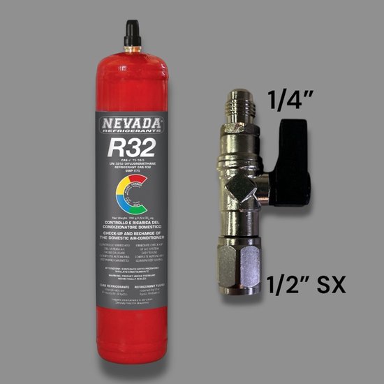 Koelgas R32 cilindervulling 780g klep 1/2“ acme links met 1/4” kraan | bol