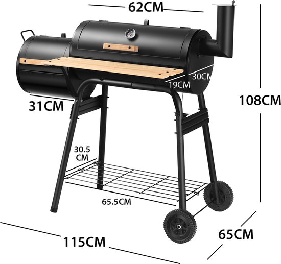 COSTWAY Houtskoolgrill met deksel, grillwagen met wielen, zijvuurbox, zijtafel, plank, houten handgrepen, thermometer, houtskoolgrill voor camping, terras, tuin van Merkloos — afbeelding 2