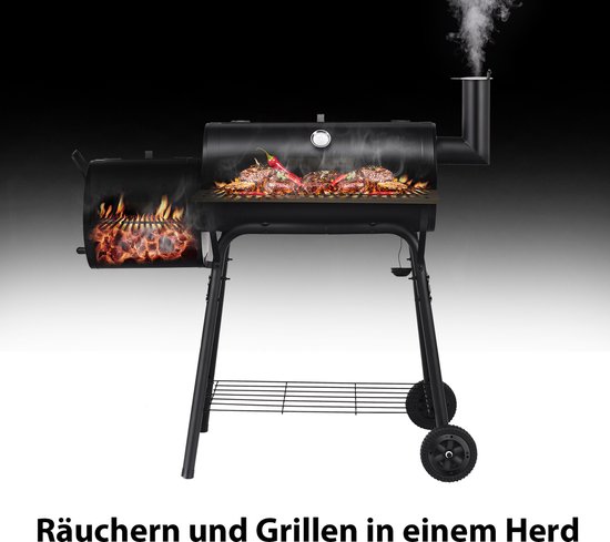 COSTWAY Houtskoolgrill met deksel, grillwagen met wielen, zijvuurbox, zijtafel, plank, houten handgrepen, thermometer, houtskoolgrill voor camping, terras, tuin van Merkloos — afbeelding 5