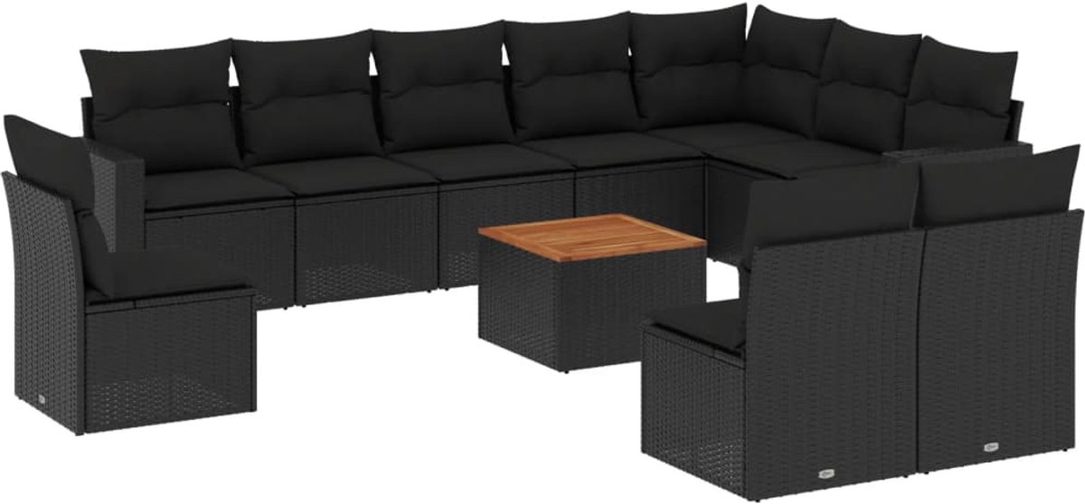 The Living Store 11-delige Loungeset met kussens poly rattan zwart - Loungeset - Lounge Set - Tuinmeubels - Buitendecoratie - Outdoor Furniture