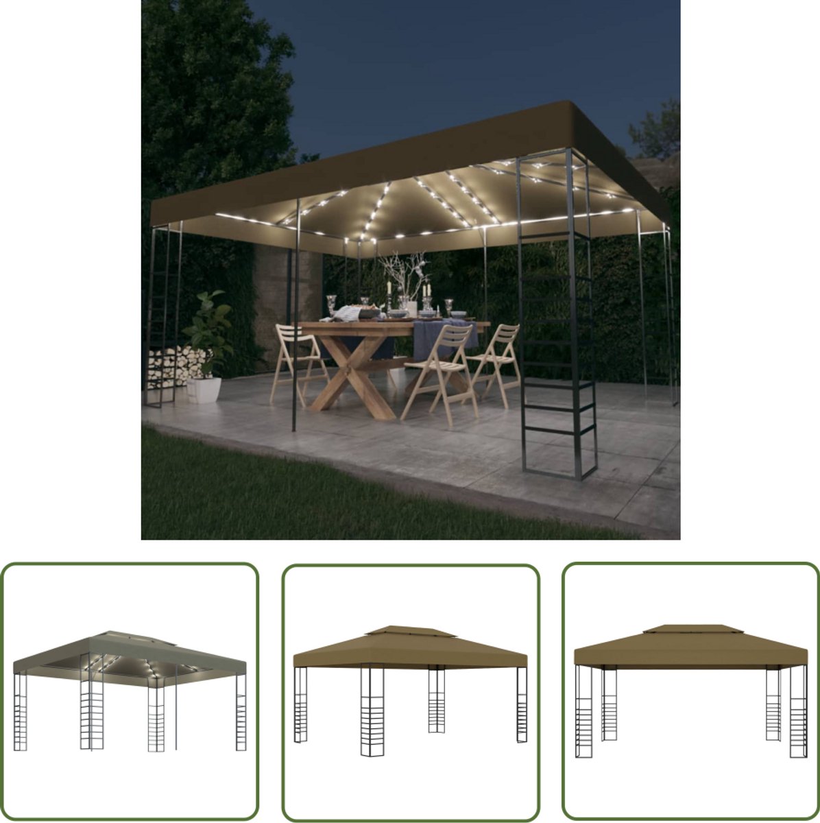 Pergola with LED light string 3x4m taupe - Garden Pavilion - Outdoor Decor - Outdoor Dining - Terrace Decor - Parasol Alternative