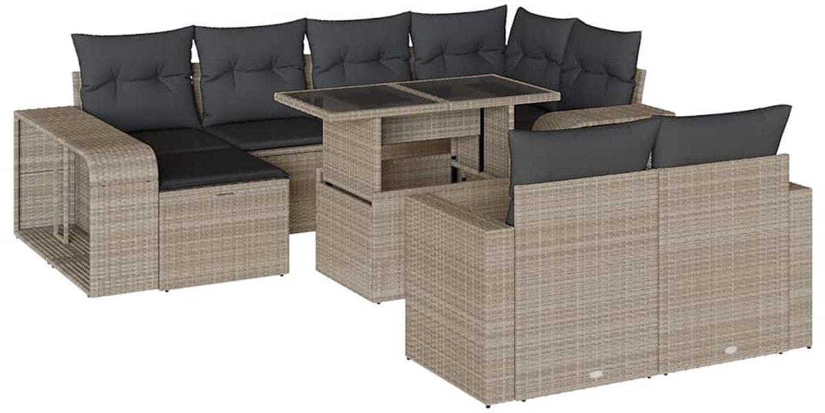11-delige Loungeset in lichtgrijs poly rattan met kussens - Tuinmeubels.