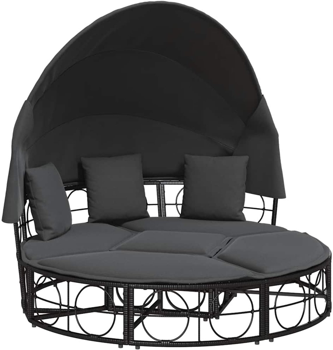 The Living Store Loungebed met luifel en kussens poly rattan zwart - Ligbed - Lounge Set - Tuinset - Outdoor Furniture - Poly Rattan