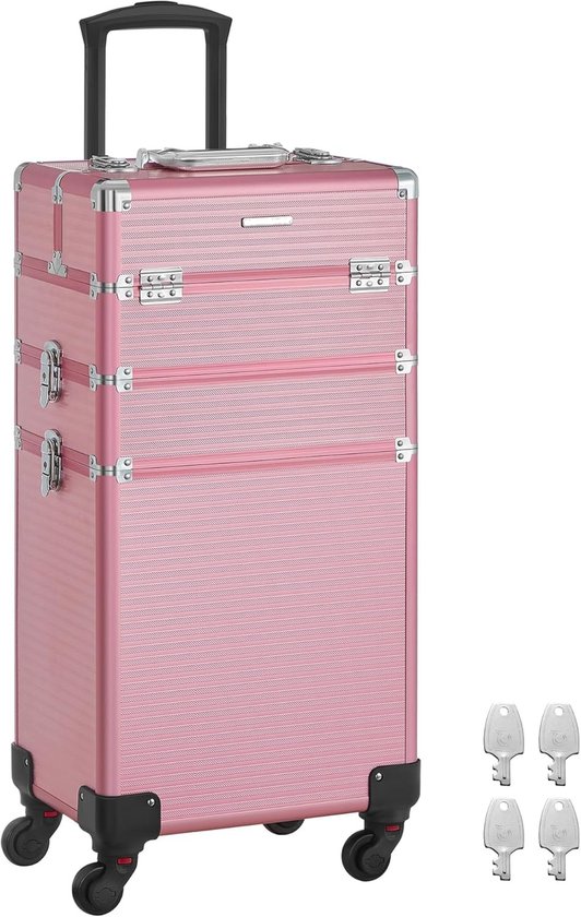 Cosmeticakoffer, grote trolley, met wielen, professioneel, make-up koffer leeg, beautycase, make-up koffer, 4 universele wielen, voor reizen en werk,pastelroze, HMTM-BC-30021-PINK