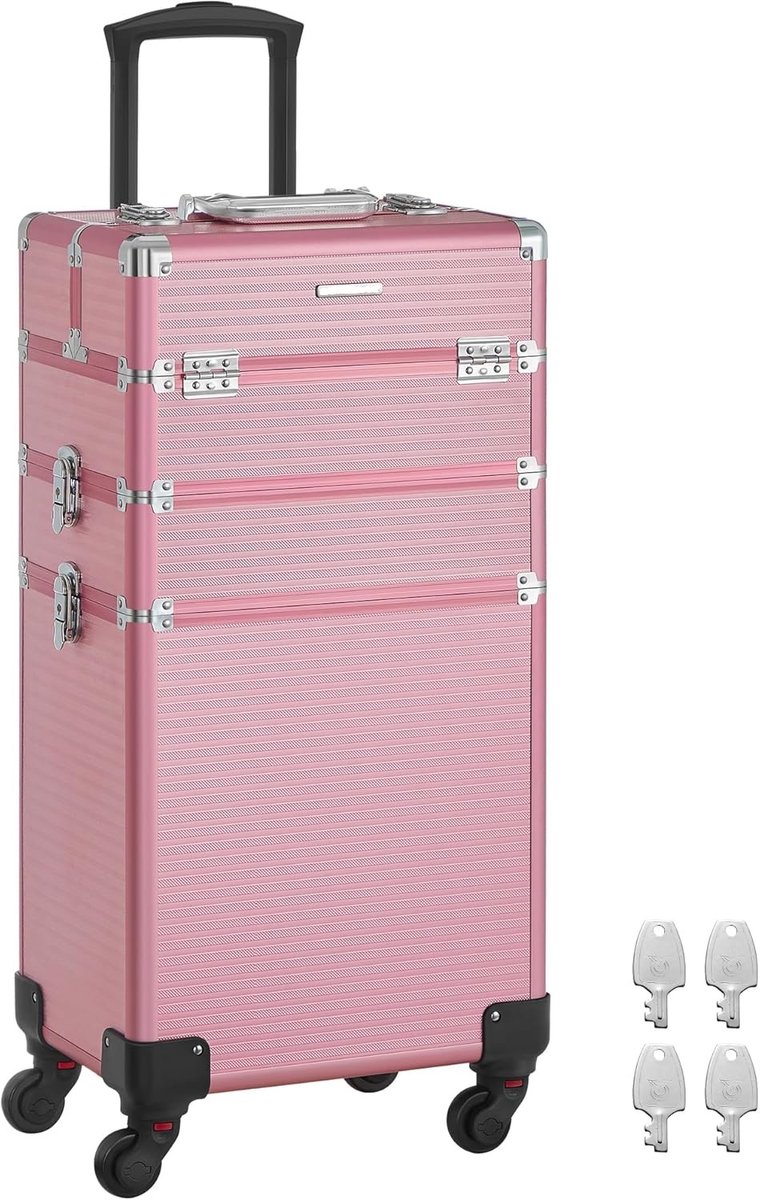 Cosmeticakoffer, grote trolley, met wielen, professioneel, make-up koffer leeg, beautycase, make-up koffer, 4 universele wielen, voor reizen en werk,pastelroze, HMTM-BC-30021-PINK