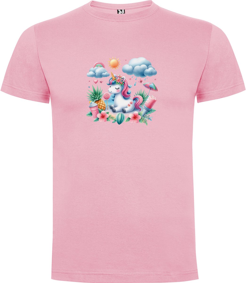 Zacht Roze T-Shirt met “Kleurrijke Prachtige Grote Eenhoorn met Ijsjes, Parasol, Zonnetje, Regenboog en glas Limonade “ Print Full Color maat 140 9/10 jaar