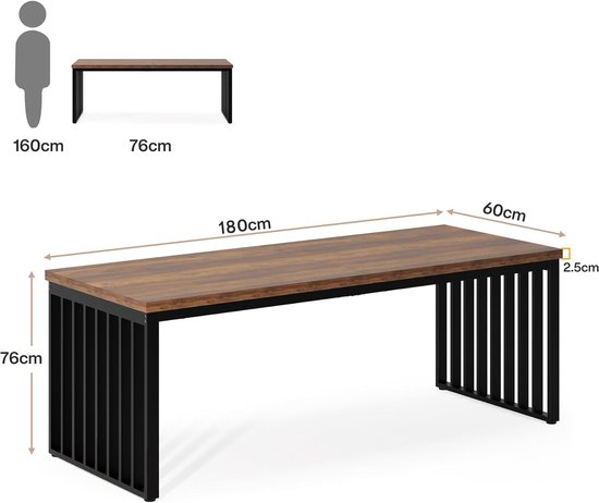 Bureau Tribesigns - Bureau d'ordinateur - Table Ordinateur - Table de bureau - Bureau - 180 x 60 x 76 cm - Structure en métal - Look bois - Marron