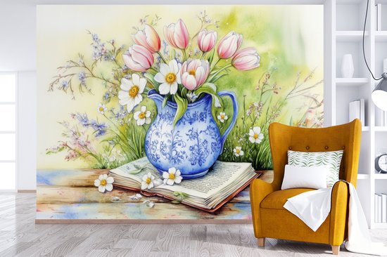 Behang - Fotobehang Vaas - Delftsblauw - Madeliefjes - Breedte 400 cm x hoogte 300 cm