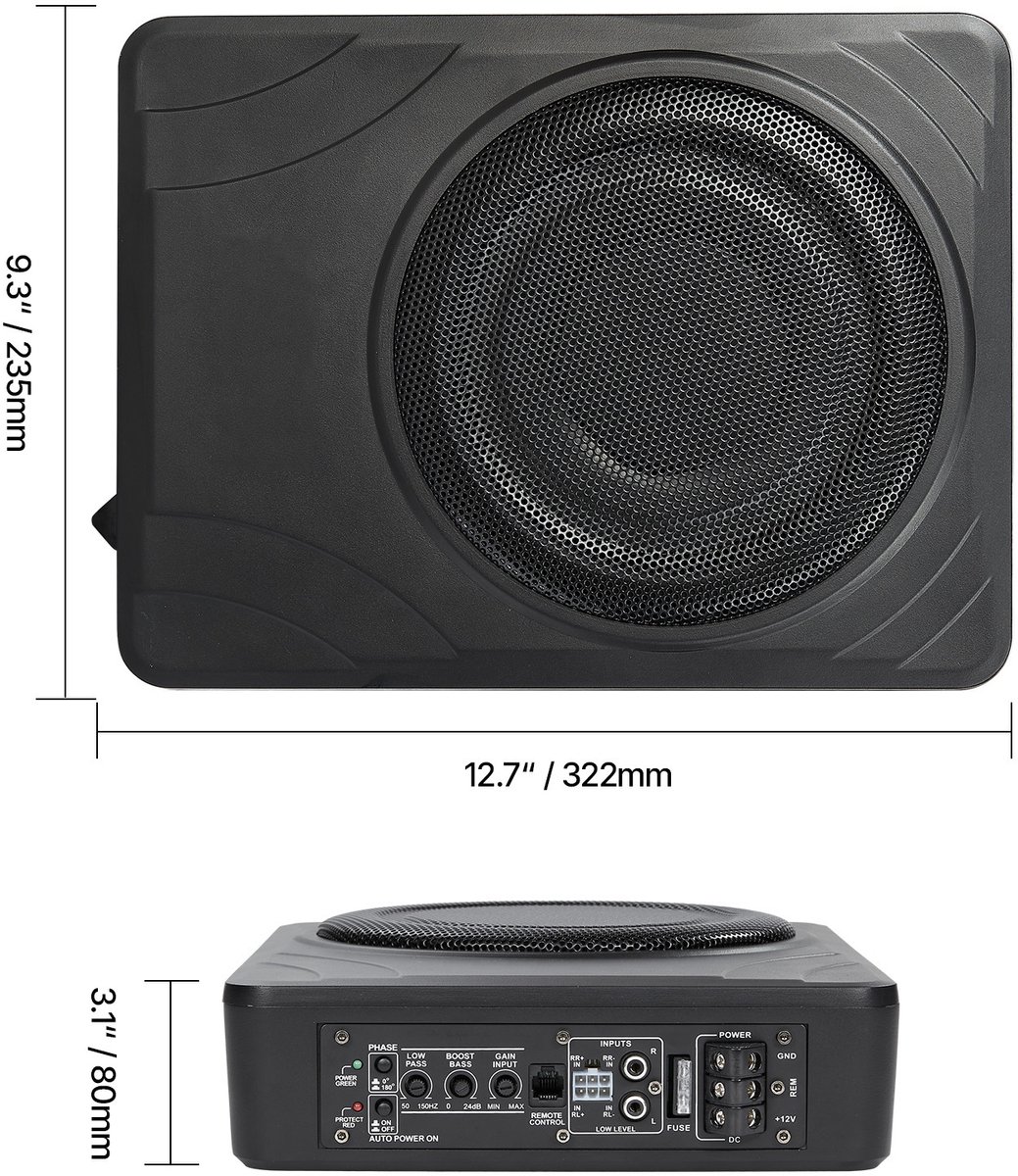 Subwoofer voor in de auto - Onderstoel actieve 300W - Ingebouwde versterker - Platte compacte behuizing - Hoge/lage ingang - Volumeregeling - Voor SUV, vrachtwagen en camper – foto 5