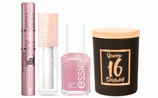 Foto: Maybelline cadeauset verjaardag 16jaar maybelline lipgloss lifter 001 pearl maybelline mascara lash sensation sky high black essie nagellak 514 birthday girl paper dreams kaars klein rose black 16 jaar