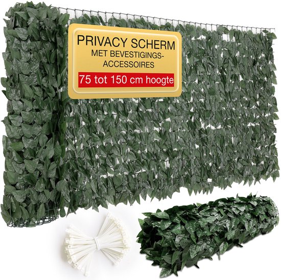 ELONEO Balkonscherm 300x100 cm, Tuinscherm, Weerbestendig, Buitentuinscherm met Bladmotief, Privacy Scherm, Inclusief 20 Kabelbinders, Groen