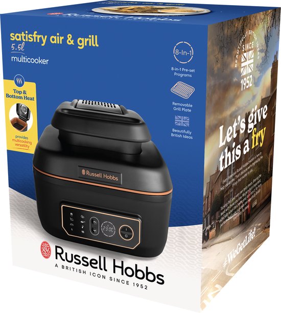 Doos van Russell Hobbs Satisfry Air & Grill Multicooker 5,5L. Met afbeelding van de multicooker en Britse taferelen.