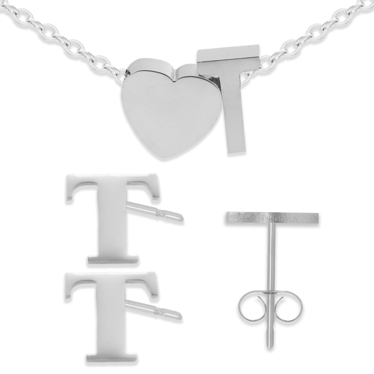 Initiaal Armband & Oorbellen set met Letter T Zilverkleurig - Stainless Steel - Met letter & Hartje! - 2x Sieraden Cadeau - Pax Amare