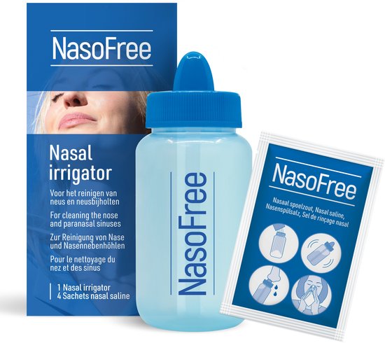 NasoFree Neusdouche - losse neusspoeler - o.a. tegen verkoudheid - pollen door hooikoorts - met 4 zakjes NasoFree nasaal spoelzout - met Natriumchloride & Natriumbicarbonaat