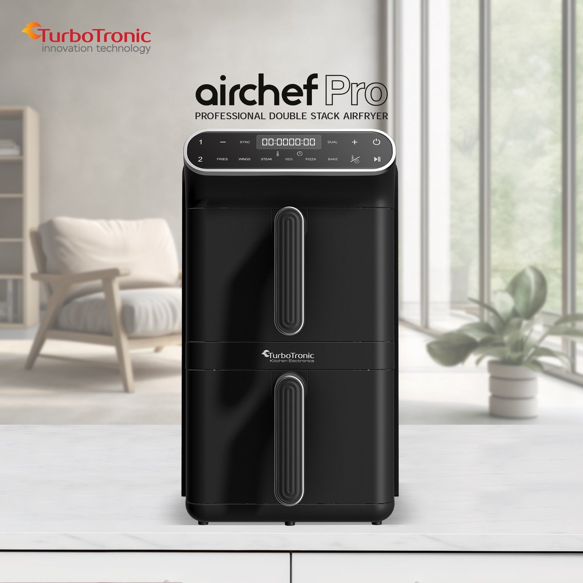 Afbeelding 2 van Turbotronic AF-500D - Dubbele Airfryer - 11L - Airfryer XXL - Heteluchtfriteuse - Dual Heating - 50ºC tot 200ºC - 6 Kookprogramma's - Zwart