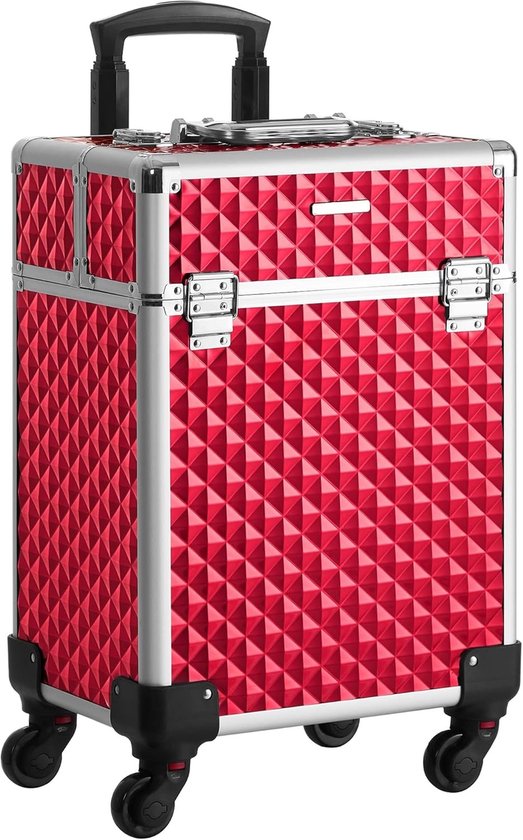 Professionele cosmeticakoffer, mobiel, 4 wielen, 4 tablets, telescopische handgreep, reizen, verschuiven, rood, HMTM-BC-30018-RED
