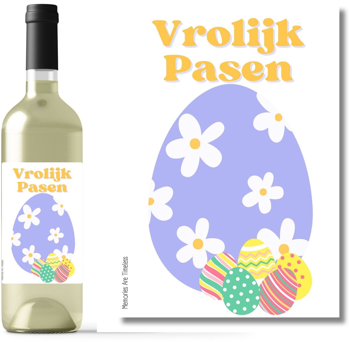 Vrolijk Pasen Wijnetiket | Paasei Design met Bloemen | A6 | Paasdagen Sticker