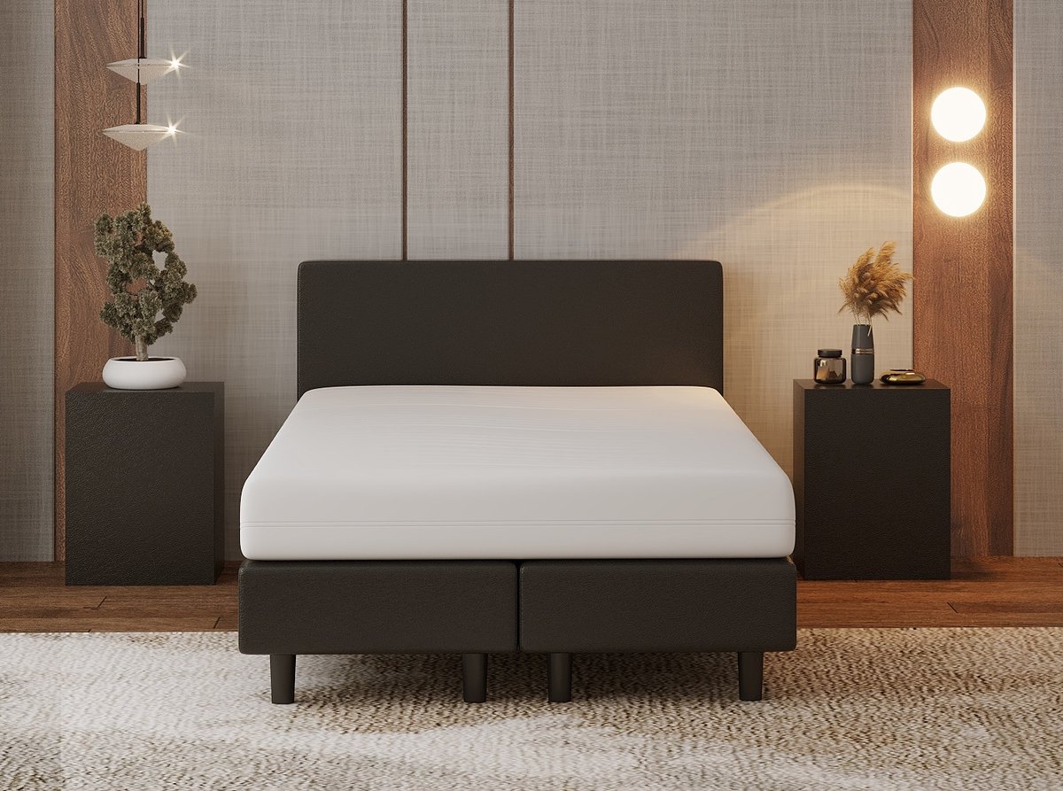 Nessa® 120x200 Boxspring Bjorn Zwart PU Skin Leder - Inclusief 20cm dik HR45 Koudschuim Comfort matras