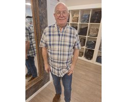 Chris Cayne heren overhemd korte mouw - maat XL - met borstzak - kleur blauw/zand - ruit dessin - 100 % Katoen - slub garen - shirt heren - shirt XL - borstzak