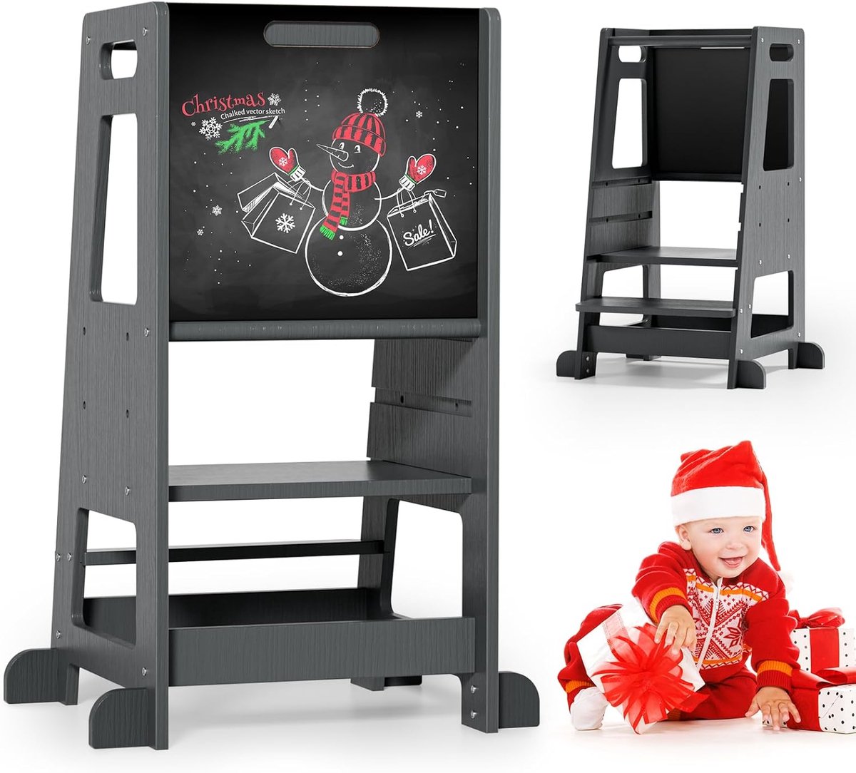 Image of Aanpassing titel: Leertoren voor kinderen met kantelbescherming - In hoogte verstelbaar en houten Montessori ontwerp met dubbelzijdig bord
