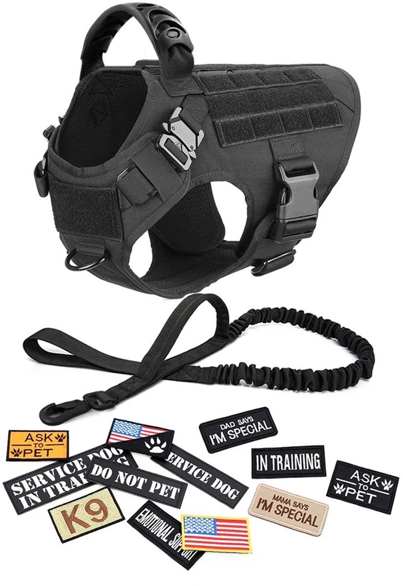 DreamPawz - Hondenharnas Set - Tactical Honden Tuigje met Leiband & 12 Patches - K9 - Zwart - Anti-Trek Harnas - Extra Controle - S
