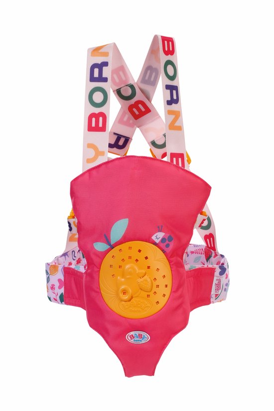 Roze draagzak met bloemenprint, regenboog en fruitmotief, met 'BORN' letters op de bandjes.