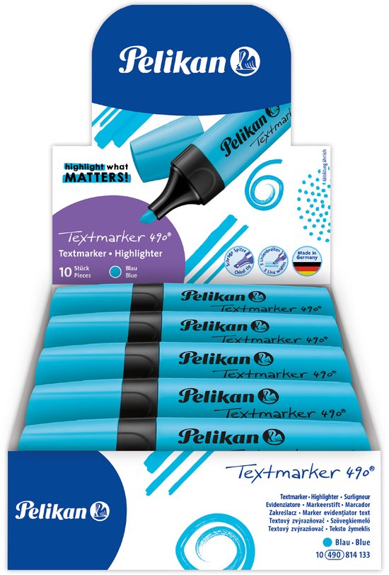 Boîte de 10 surligneurs bleus Pelikan Textmarker 490, avec l'inscription « highlight what MATTERS! ».